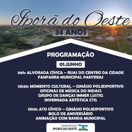 Aniversário de Iporã do Oeste terá programação especial nesta quinta-feira