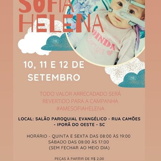 Comunidade de Iporã do Oeste e região pode contribuir com doações para bazar em prol da Sofia Helena