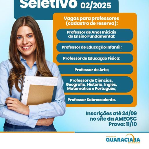 Guaraciaba abre seleção para professores com vagas de cadastro reserva