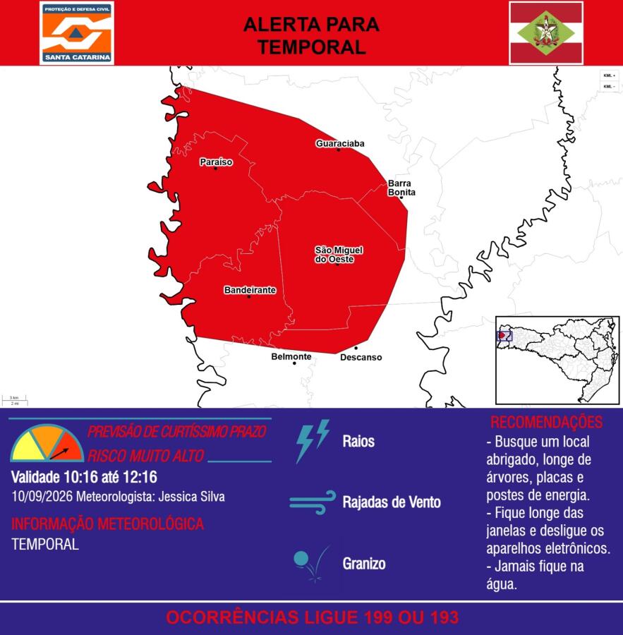 Defesa Civil emite alerta de temporal para São Miguel do Oeste e região