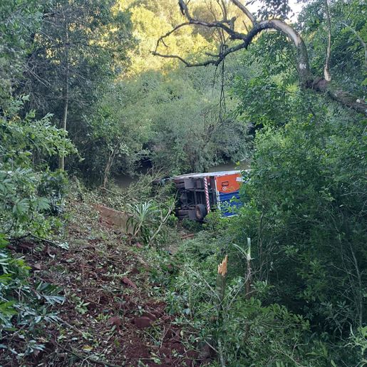 Caminhão carregado de frutas capota em ribanceira na SC-161, em Palma Sola