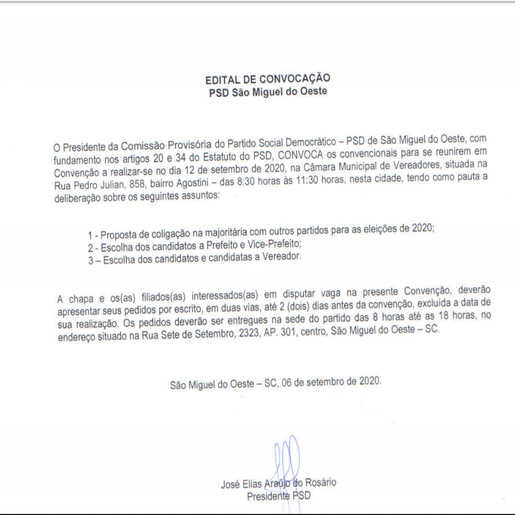 A PEDIDO: PSD publica edital de convenção partidária em SMO