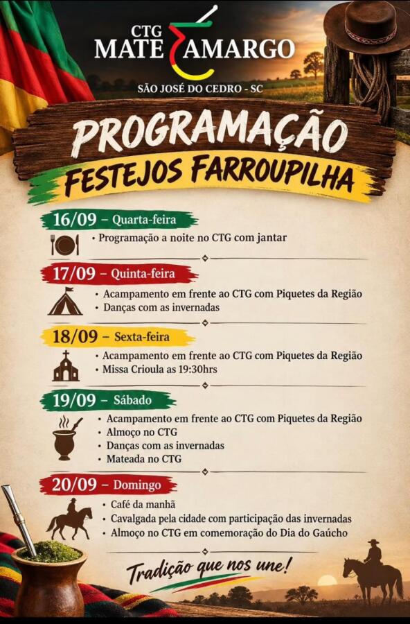 CTG Mate Amargo prepara programação especial para a Semana Farroupilha em São José do Cedro