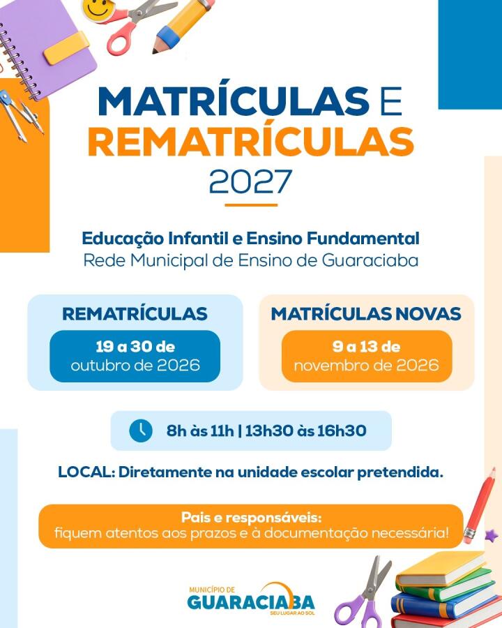 Guaraciaba abre período de rematrículas na rede municipal de ensino para 2027