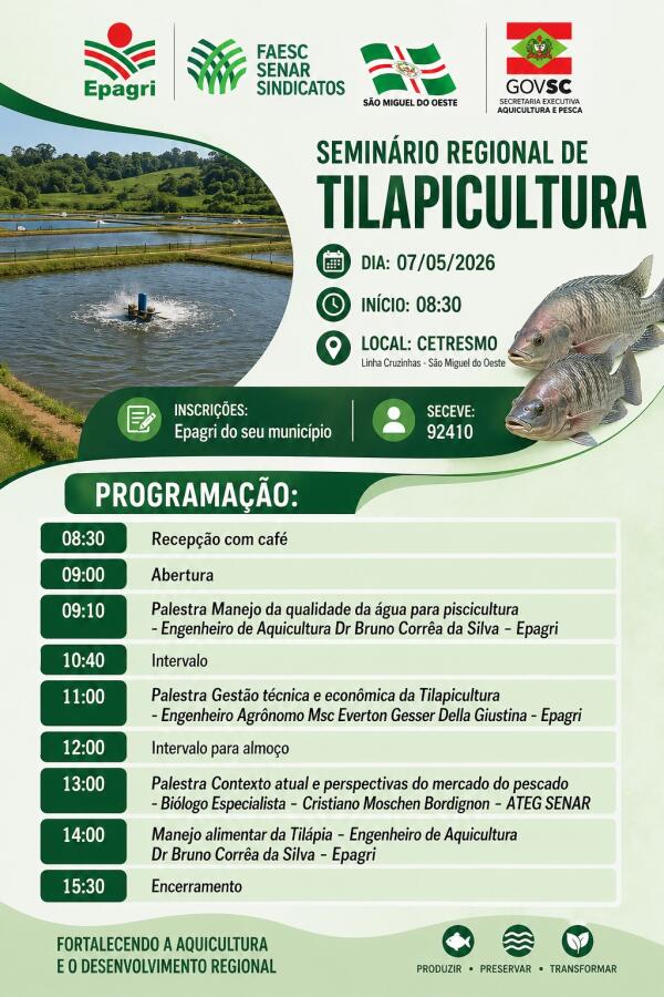 Seminário regional vai debater manejo e alta produtividade de tilápias em São Miguel do Oeste