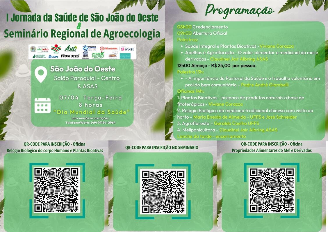 São João do Oeste terá Jornada da Saúde e Seminário de Agroecologia no Dia Mundial da Saúde