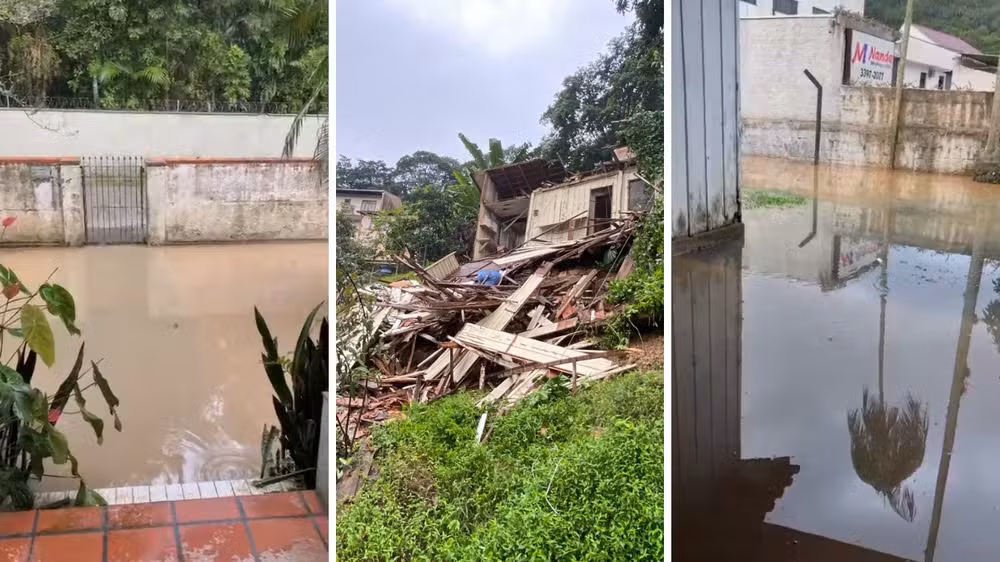 Chuvas derrubam casa, alagam ruas e cachoeira transborda em SC