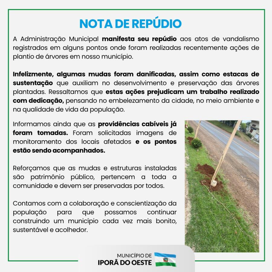 Prefeitura de Iporã emite Nota de Repúdio após destruição de árvores recém-plantadas