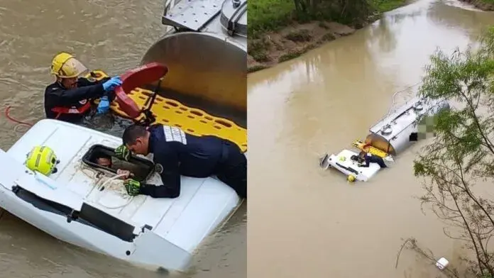 Idoso sobrevive após caminhão cair em rio e ficar com cabine submersa em SC