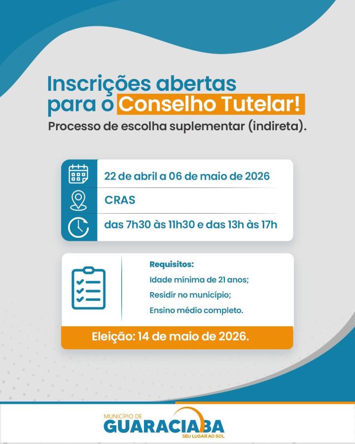 Guaraciaba abre inscrições para escolha suplementar do Conselho Tutelar