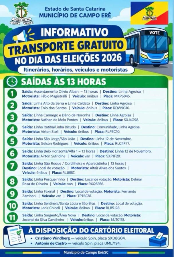 Campo Erê oferece transporte gratuito para eleitores do interior no segundo turno das Eleições 2026 a partir das 13h