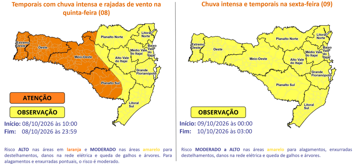 Defesa Civil alerta para temporais no Extremo Oeste entre quinta e sexta-feira