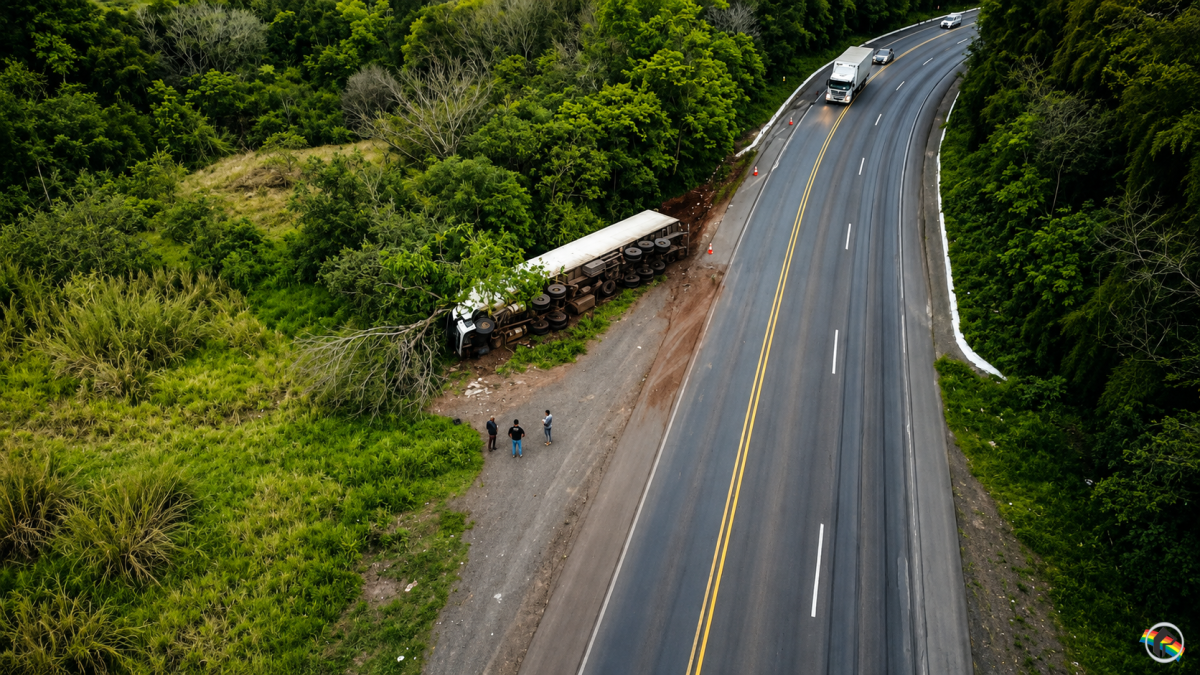 Carreta sai da pista e tomba na BR-282 entre São Miguel do Oeste e Maravilha