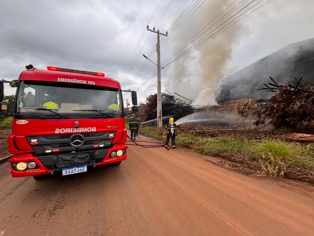 Incêndio atinge pilha de eucaliptos em madeireira de São Miguel do Oeste
