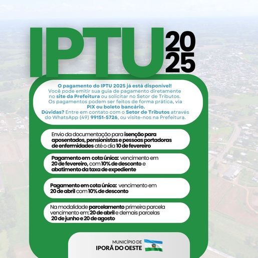 Prazo para pagamento de IPTU com 10% de desconto encerra nesta quinta em Iporã
