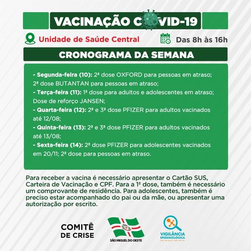 Vacinação contra a Covid-19 será na Unidade de Saúde Central a partir de segunda-feira