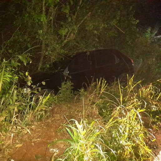 Carro com duas pessoas sai da pista e cai em meio a vegetação na SC-305