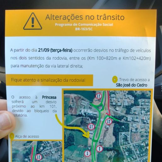 DNIT promove alteração do tráfego em trecho da BR 163 em São José do Cedro; veja desvios