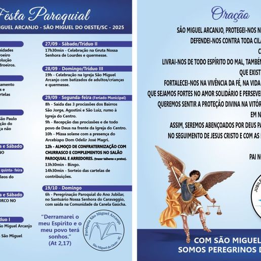 Festa do padroeiro São Miguel Arcanjo terá programação religiosa e festiva em SMOeste