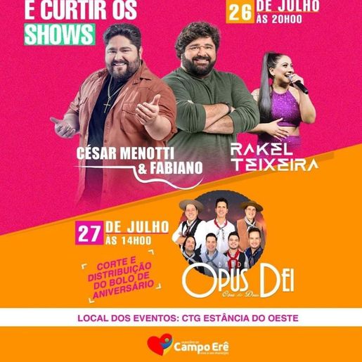 Show Nacional com César Menotti e Fabiano é nesta quarta-feira em Campo Erê