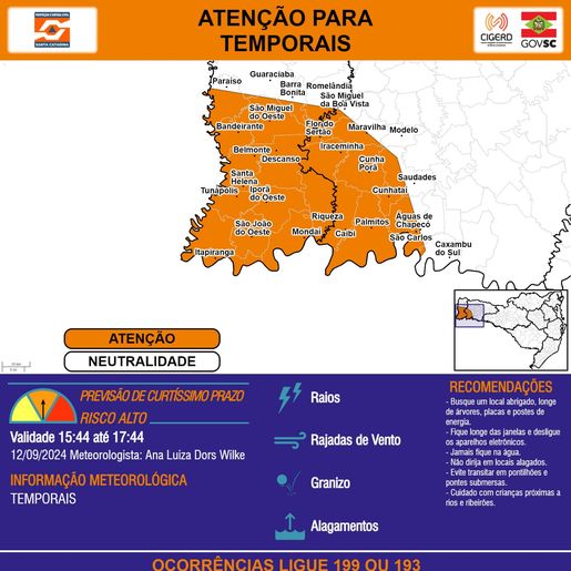 Chuva intensa e ventos fortes colocam Oeste catarinense em alerta