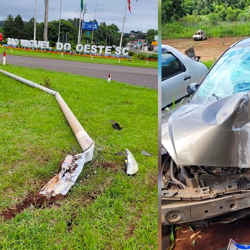 Condutor causa danos no trevo de São Miguel do Oeste