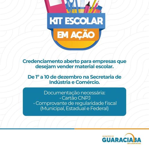 Guaraciaba investe R$ 130 mil em kits escolares e abre credenciamento de empresas