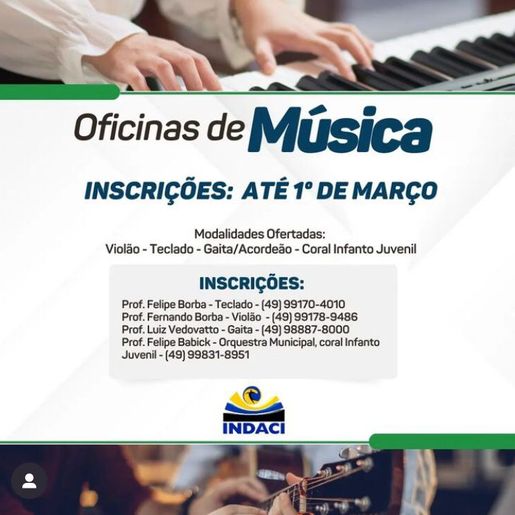 Inscrições em oficinas de música terminam sexta-feira em Iporã do Oeste