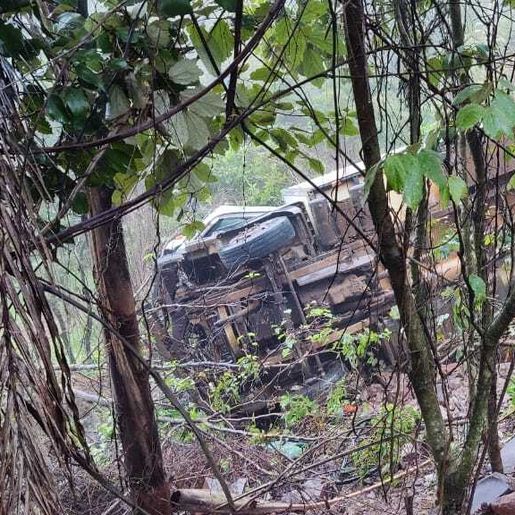 Caminhão sai da pista e tomba às margens da BR-163
