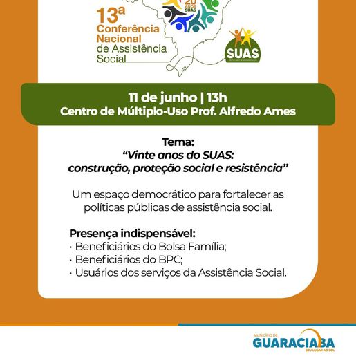 Guaraciaba realiza 13ª Conferência de Assistência Social na próxima quarta