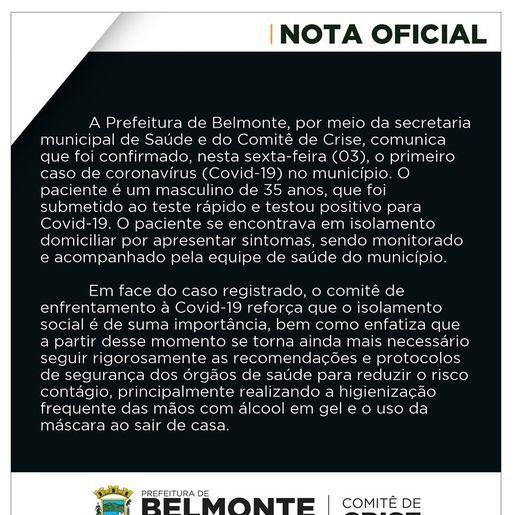 Belmonte confirma primeiro caso de Covid-19
