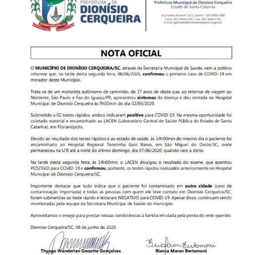 Exame do Lacen confirma Coronavírus em caminhoneiro de Dionísio Cerqueira que faleceu