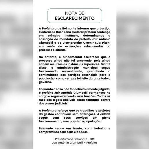 Prefeitura de Belmonte se manifesta após decisão de cassação do prefeito e vice