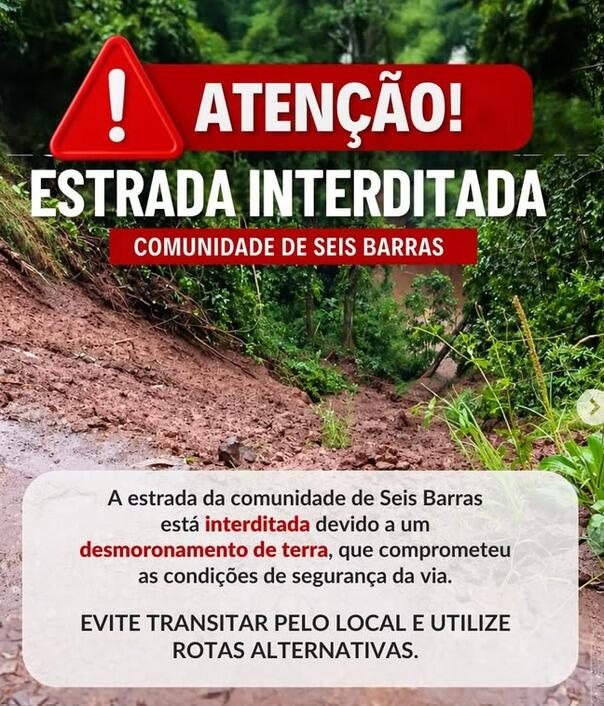 Desmoronamento provoca interdição de estrada na comunidade de Seis Barras, em São José do Cedro