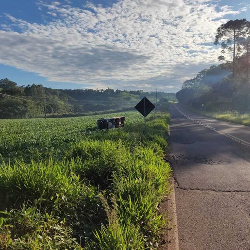 Micro-ônibus de autoescola tomba em meio ao milharal em São José do Cedro