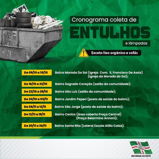 Novo roteiro de coleta de entulhos inicia segunda em São Miguel do Oeste