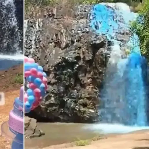 Chá revelação tingiu cachoeira com produto para lagos ornamentais