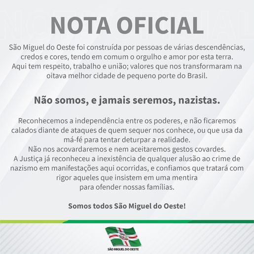 Em nota prefeitura de SMOeste afirma, “Não somos e jamais seremos Nazistas”