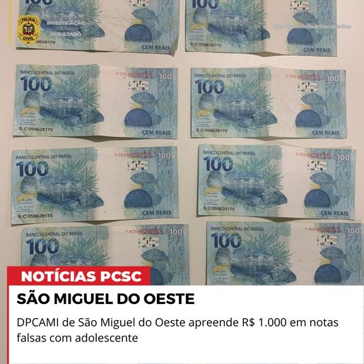 Polícia Civil apreende R$ 1.000 em notas falsas com adolescente em SMOeste
