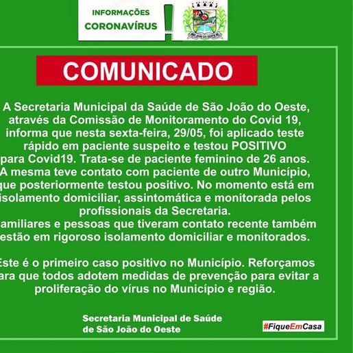 Mulher de 26 anos é confirmada com Covid-19 em São João do Oeste
