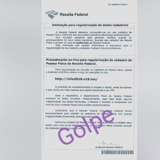 Receita Federal alerta para retorno do golpe por correspondência