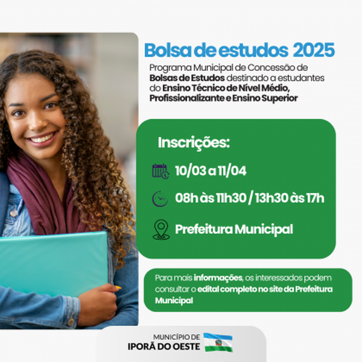 Iporã do Oeste abre inscrições do Programa de Concessão de Bolsa de Estudos