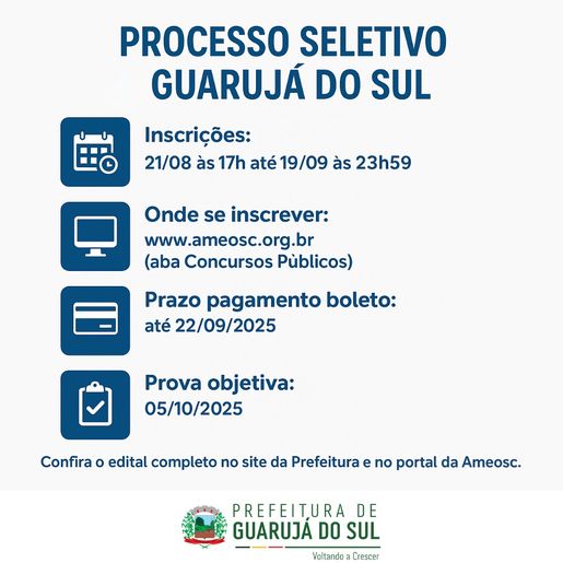 Município de Guarujá do Sul abre inscrições para processo seletivo
