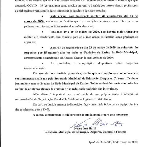 Secretaria de Educação de Iporã do Oeste emite comunicado sobre suspensão de aulas