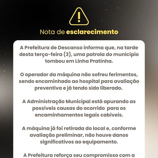 Patrola da prefeitura tomba em estrada do interior de Descanso