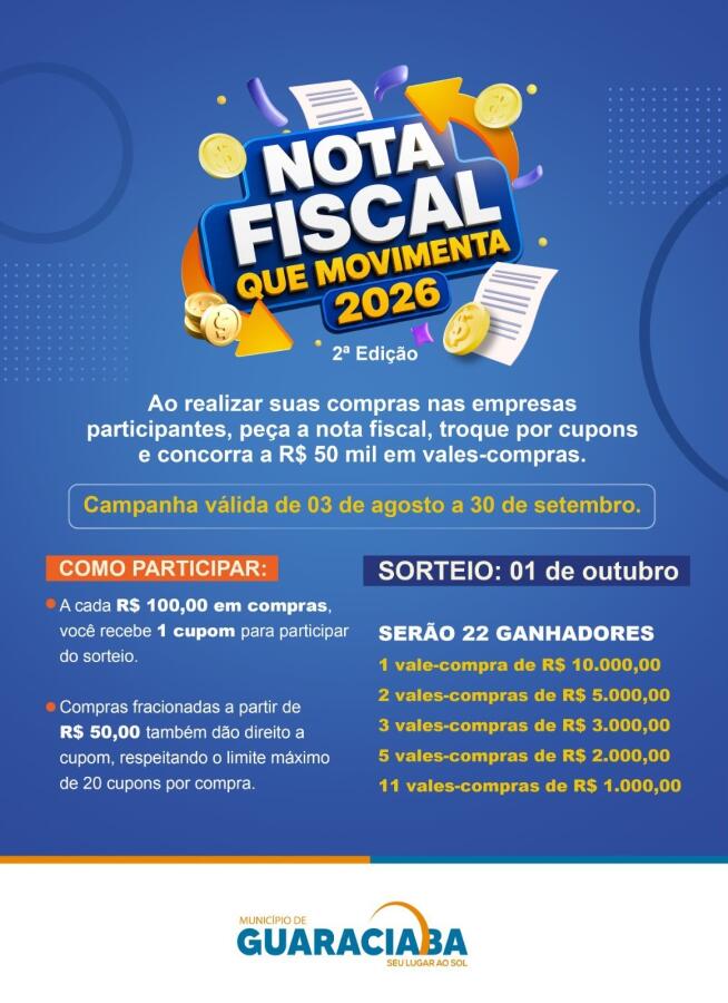 Guaraciaba abre credenciamento de empresas para campanha Nota Fiscal que Movimenta