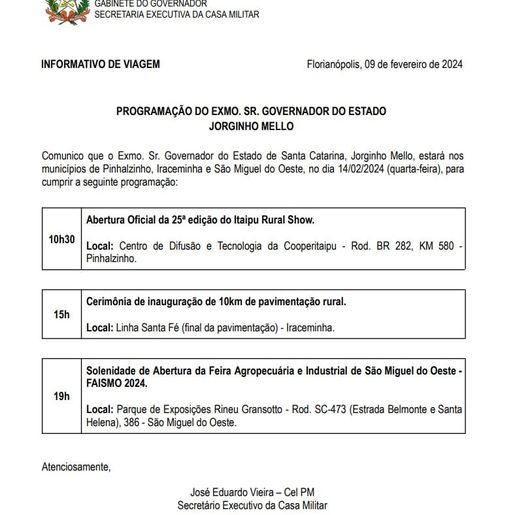 Casa Militar confirma presença de Jorginho na abertura da Faismo 2024