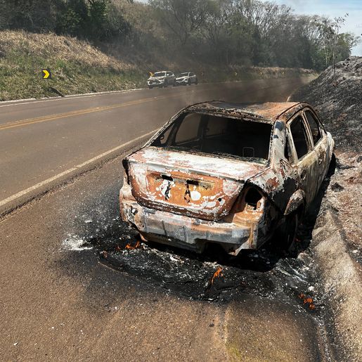 Incêndio destrói veículo e se espalha pela vegetação às margens da BR-282, em Paraíso