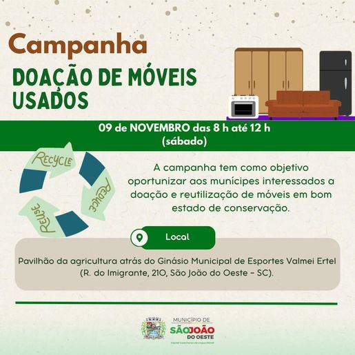 Campanha de Doação de Móveis Usados acontece neste sábado em SJO