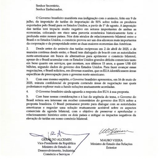 Brasil responde carta enviada por Trump sobre tarifa de 50% nas exportações aos EUA